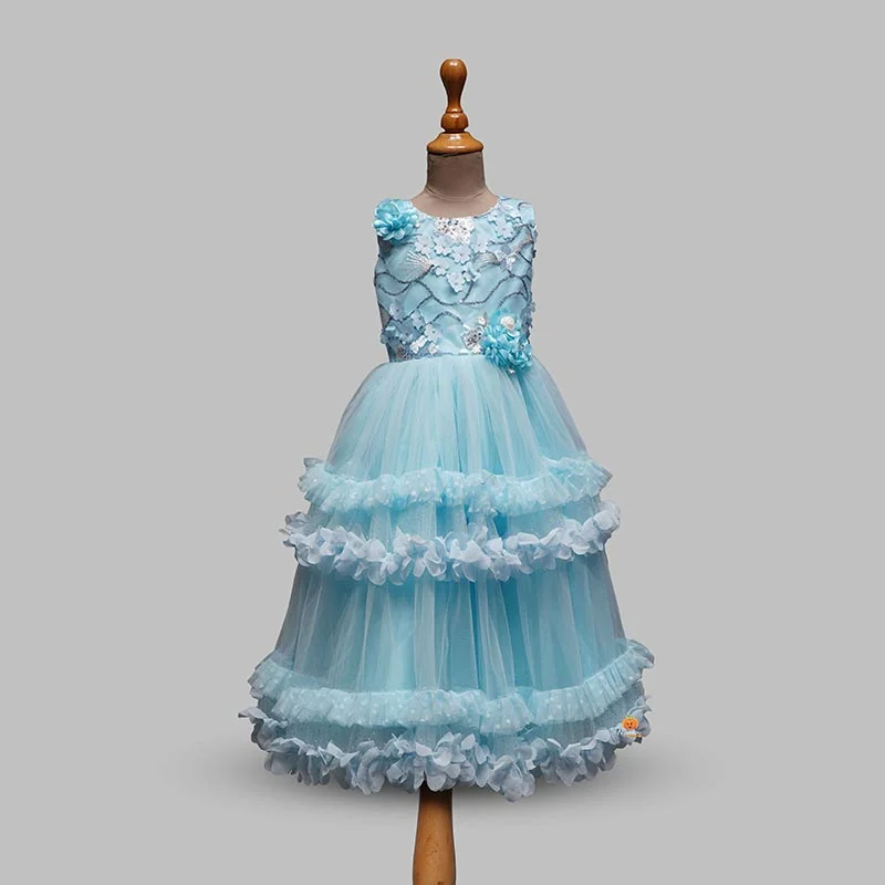 Special Offer Sky Blue Fluffy Net Gown for Girls