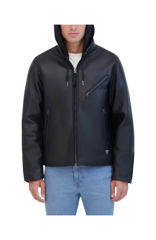 Price Buster Hudson Jeans Men's Vegan Leather Racer Jacket With Detachable Jersey Hood