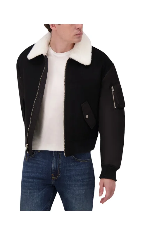 Quick Sale Hudson Jeans Men's Wool Bomber Jacket With Nylon Sleeves And Faux Shearling Collar